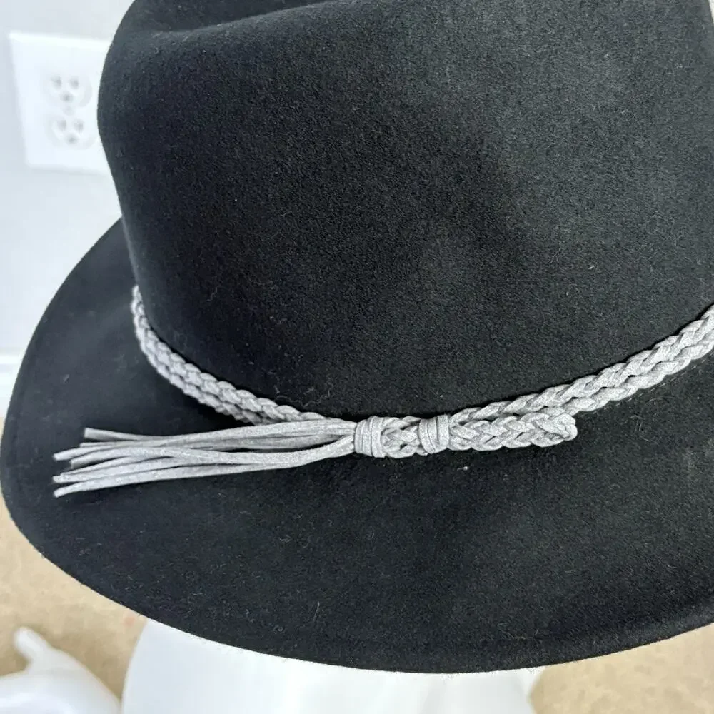Vintage Y2K Lucky Brand Wool Fedora Hat Braided Fringe Leather Band Black